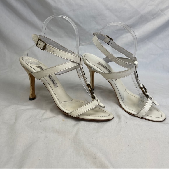 Manolo Blahnik White Studded T-strap Ankle Wrap Heels - Picture 2 of 10